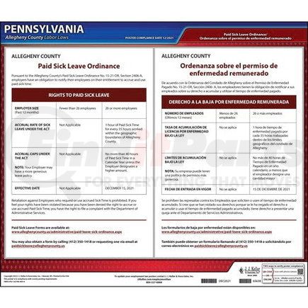 65638 by JJ KELLER - Pennsylvania/Allegheny County Paid Sick Leave Poster, Laminated, 20" W x 17.25" H