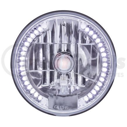 31379 by UNITED PACIFIC - Crystal Headlight - RH/LH, 7", Round, Chrome Housing, High/Low Beam, H4, Low Beam, HB2, High Beam Bulb, with White 34 LED Position Light