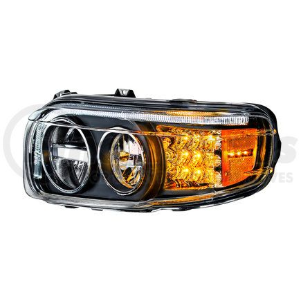 35796 by UNITED PACIFIC - Headlight Assembly - LH, LED, Black Housing, High/Low Beam, Aero Fin Design, with LED Signal, White LED Position Light and LED Side Marker