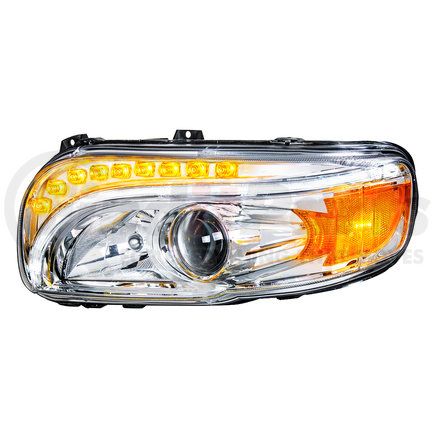 35802 by UNITED PACIFIC - Projection Headlight Assembly - LH, Chrome Housing, High/Low Beam, H11/HB3 Bulb, with Amber LED Signal Light, White LED Position Light and Amber LED Side Marker