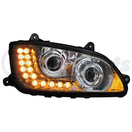 31159 by UNITED PACIFIC - Projection Headlight Assembly - RH, Chrome Housing, High/Low Beam, H11/HB3 Bulb, with Signal Light