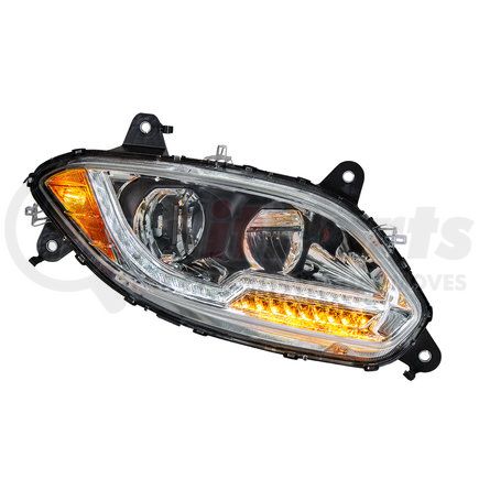 35758 by UNITED PACIFIC - Headlight Assembly - LED, RH, Chrome Housing, High/Low Beam, with Amber LED Signal Light, White LED Position Light and Amber LED Side Marker