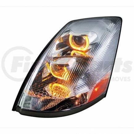 31230 by UNITED PACIFIC - Projection Headlight Assembly - LH, Chrome Housing, High/Low Beam, with Amber LED Light Bar