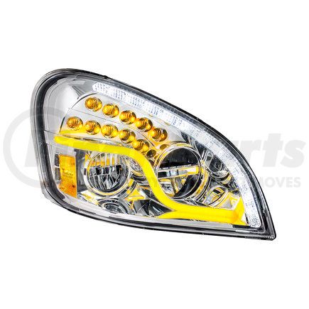 35791 by UNITED PACIFIC - Headlight Assembly - High Power, LED, RH, Chrome Housing, High/Low Beam, with LED Turn Signal, Position Light Bar and Daytime Running Light