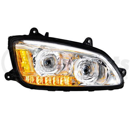 35772 by UNITED PACIFIC - Projection Headlight Assembly - RH, LED, Chrome Housing, High/Low Beam, with Amber LED Turn Signal, White LED Position Light Bar and Amber LED Marker Light