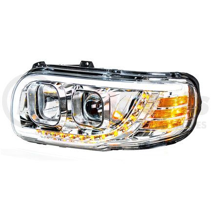 31645 by UNITED PACIFIC - Projection Headlight Assembly - LH, Chrome Housing, High/Low Beam, H9 Quartz/H1 Quartz Bulb, with LED Signal Light and LED Position Light Bar