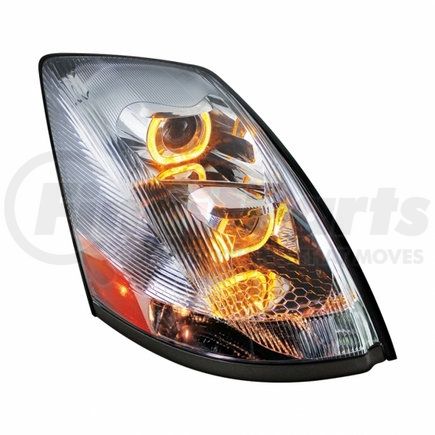 31231 by UNITED PACIFIC - Projection Headlight Assembly - RH, Chrome Housing, High/Low Beam, with Amber LED Light Bar