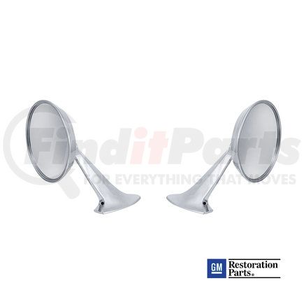110747 by UNITED PACIFIC - Side View Mirror - Exterior, Chrome, Convex, with Bowtie Logo, for 1965-1966 Chevy Passenger Car