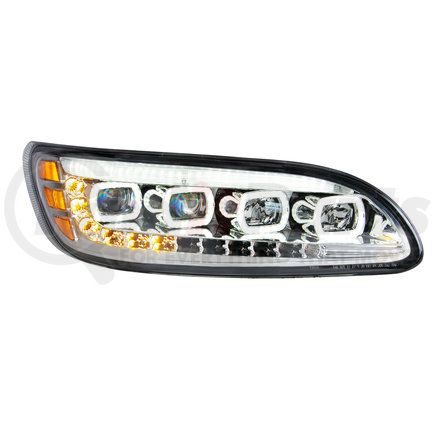 35842 by UNITED PACIFIC - Headlight - Chrome, Quad-LED, with LED Directional & Sequential Signal, Passenger Side, for 2005-2015 Peterbilt 386