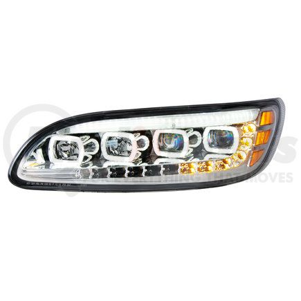 35841 by UNITED PACIFIC - Headlight - L/H, Chrome, Quad-LED, with LED Directional & Sequential Signal, for 2005-2015 Peterbilt 386