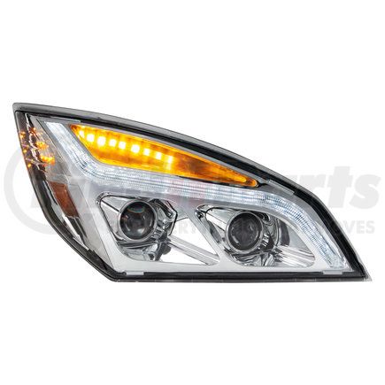 35820 by UNITED PACIFIC - Projection Headlight Assembly - RH, LED, Chrome Housing, High/Low Beam, with LED Signal Light and White LED Position Light