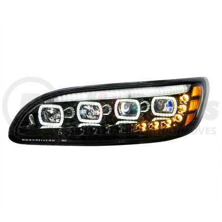 35843 by UNITED PACIFIC - Headlight - L/H, Black, Quad-LED, with LED Directional & Sequential Signal, for 2005-2015 Peterbilt 386
