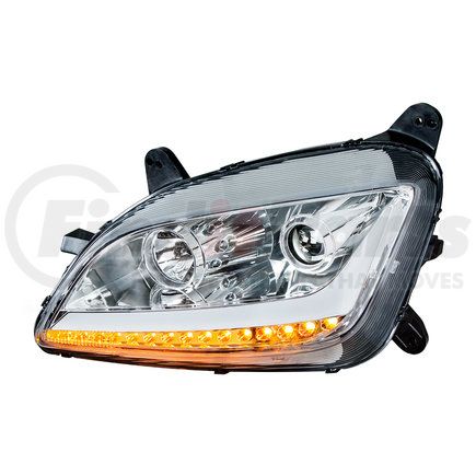 35812 by UNITED PACIFIC - Projection Headlight Assembly - LH, Chrome Housing, High/Low Beam, H9 Quartz/H1 Quartz Bulb, with LED Signal Light and LED Position Light