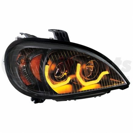 31225 by UNITED PACIFIC - Projection Headlight Assembly - RH, Black Housing, High/Low Beam, H7/H1/3157 Bulb, with Dual Mode Amber LED Light Bar