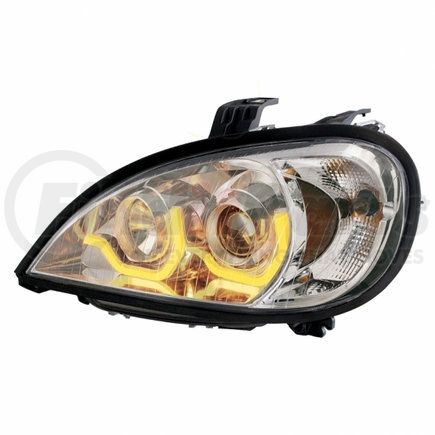 31187 by UNITED PACIFIC - Projection Headlight Assembly - LH, Chrome Housing, High/Low Beam, H7/H1/3157 Bulb, with Dual Mode LED Light Bar
