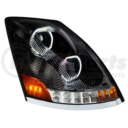 35752 by UNITED PACIFIC - Headlight Assembly - RH, LED, Black Housing, High/Low Beam, with 18 LED Amber Signal (Sequential), 100 LED White DRL, 6 LED Side Marker