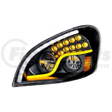 35792 by UNITED PACIFIC - Headlight Assembly - High Power, LED, LH, Black Housing, High/Low Beam, with LED Turn Signal, Position Light Bar and Daytime Running Light