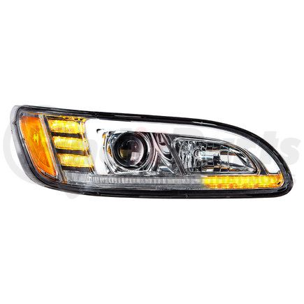 35766 by UNITED PACIFIC - Projection Headlight Assembly - RH, Chrome Housing, High/Low Beam, H7 Quartz Bulb, with 24 LED Signal (Sequential), 18 LED DRL/Position Light and Side Marker