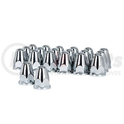 10060 by UNITED PACIFIC - Wheel Lug Nut Cover Set - 33mm x 2-5/8", Chrome, Plastic, Bullets, with Flange, Push-On Style