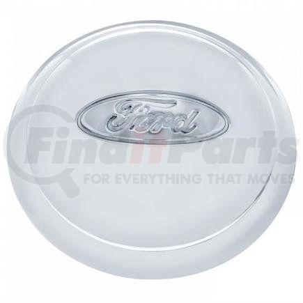 A6033 by UNITED PACIFIC - Axle Hub Cap - Stainless Steel, with Ford Oval Logo, for 1934 Ford 4-Cyl Car and Truck