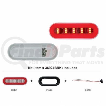 36924BRK by UNITED PACIFIC - Brake/Tail/Turn Signal Light - 22 LED 6" Oval "Glo" Halo, Kit, Red LED/Red Lens