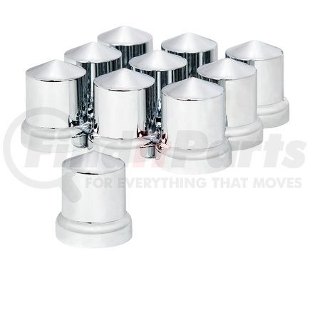 10771 by UNITED PACIFIC - Wheel Lug Nut Cover Set - 33mm x 2.25", Chrome, Plastic, Pointed, Push-On Style, with Flange