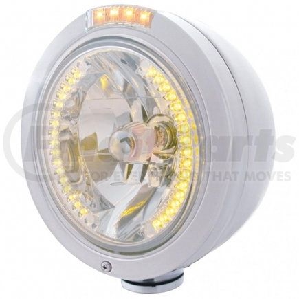 32465 by UNITED PACIFIC - Headlight - RH/LH, 7", Round, Polished Housing, H4 Bulb, with Bullet Style Bezel, with 34 Bright Amber LED Position Light and 4 Amber LED Signal Light, Clear Lens