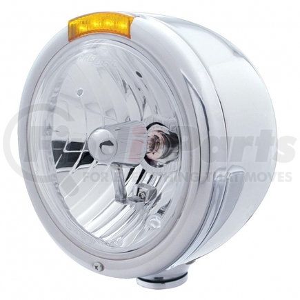 31728 by UNITED PACIFIC - Headlight - Half-Moon, RH/LH, 7", Round, Polished Housing, Crystal H4 Bulb, with 4 Amber LED Signal Light with Amber Lens