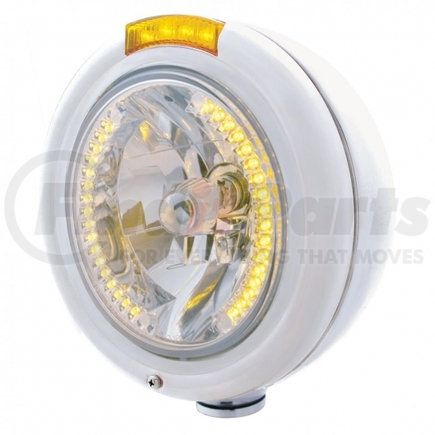 32470 by UNITED PACIFIC - Headlight - RH/LH, 7", Round, Polished Housing, H4 Bulb, with 34 Bright Amber LED Position Light and 4 Amber LED Dual Mode Signal Light (Amber Lens)