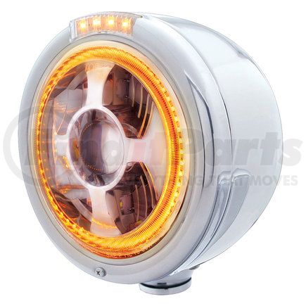 32814 by UNITED PACIFIC - Projection Headlight - Half-Moon, RH/LH, 7", Round, Polished Housing, with Bullet Style Bezel, with 4 Amber LED Signal Light, Clear Lens