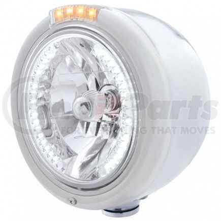 32459 by UNITED PACIFIC - Headlight - Half-Moon, RH/LH, 7", Round, Polished Housing, H4 Bulb, with 34 Bright White LED Position Light and 4 Amber LED Dual Mode Signal Light, Clear Lens