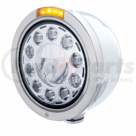 31568 by UNITED PACIFIC - Headlight - 1 High Power, LED, Half-Moon, RH/LH, 7 in. Round, Polished Housing, with Bullet Style Bezel, with Dual Function 4 Amber LED Signal Light with Amber Lens