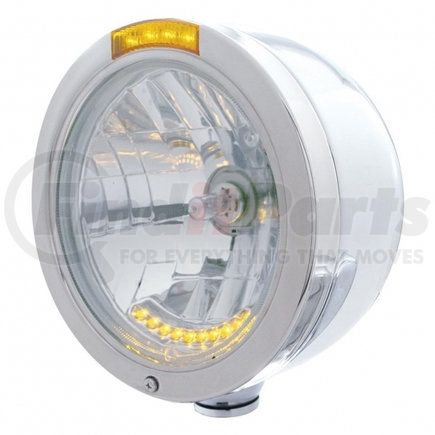 32095 by UNITED PACIFIC - Headlight - Half-Moon, RH/LH, 7", Round, Polished Housing, H4 Bulb, with Bullet Style Bezel, with 10 Amber LED Accent Light and 4 LED Dual Mode Turn Signal Light, with Amber Lens