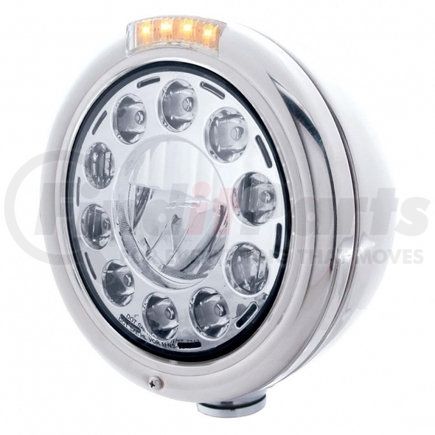 31581 by UNITED PACIFIC - Headlight - 1 High Power, LED, RH/LH, 7 in. Round, Polished Housing, with Dual Function 4 Amber LED Signal Light with Clear Lens