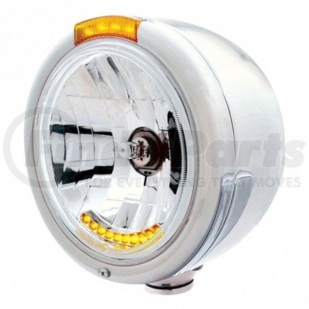 32059 by UNITED PACIFIC - Headlight - Half-Moon, RH/LH, 7", Round, Polished Housing, H4 Bulb, with 10 Amber LED Accent Light and 4 LED Turn Signal Light, with Amber Lens