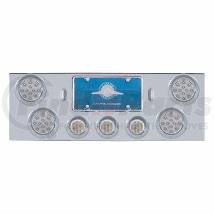 34514 by UNITED PACIFIC - Tail Light Panel - Chrome, Rear Center, with 4X LED 4" Reflector Lights & 3X LED 2.5" Lights & Visors, Red LED/Clear Lens