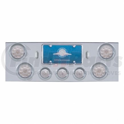 34511 by UNITED PACIFIC - Tail Light Panel - Rear Center Panel, Chrome, with 4X LED 4" Lights & 3X LED 2.5" Beehive Lights & Visors, Red LED/Clear Lens
