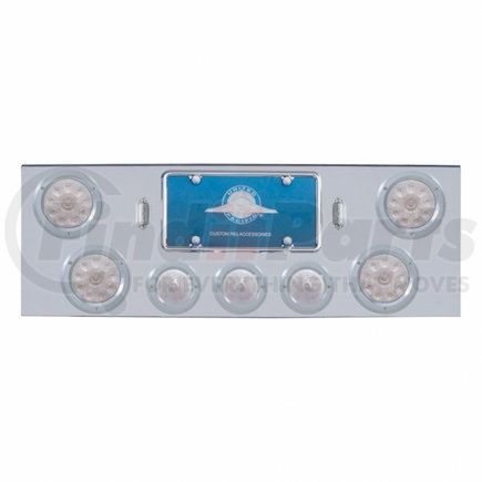 34615 by UNITED PACIFIC - Tail Light Panel - Chrome, Rear Center, with 4X LED 4" Reflector Lights & 3X LED 2.5" Beehive Lights, Red LED/Clear Lens