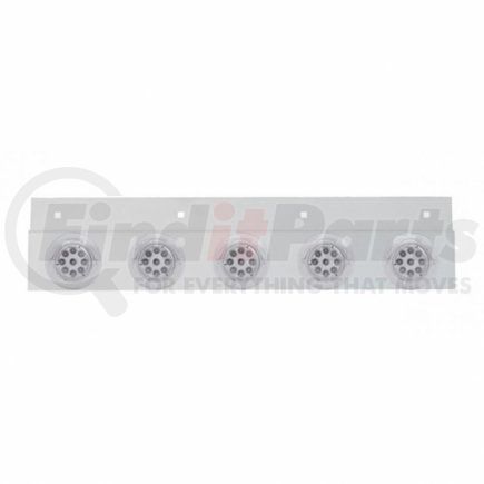 61719 by UNITED PACIFIC - Mud Flap Hanger - Mud Flap Plate, Top, Stainless, with Five 9 LED 2" Reflector Lights & Visors, Red LED/Clear Lens