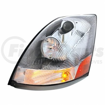 31314 by UNITED PACIFIC - Headlight Assembly - LH, Chrome Housing, High/Low Beam, HB3/H11/3157 Bulb, with Signal Light, Aerodynamic Lens Design