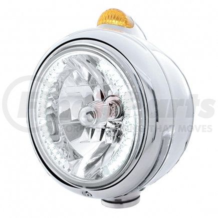 32434 by UNITED PACIFIC - Guide Headlight - 682-C Style, RH/LH, 7", Round, Polished Housing, H4 Bulb, with 34 Bright White LED Position Light and Top Mount, 5 LED Dual Mode Signal Light, Amber Lens