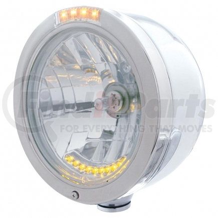 32098 by UNITED PACIFIC - Headlight - Half-Moon, RH/LH, 7", Round, Polished Housing, H4 Bulb, with Bullet Style Bezel, with 10 Amber LED Accent Light and 4 LED Turn Signal Light, with Clear Lens