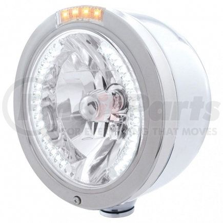 32451 by UNITED PACIFIC - Headlight - Half-Moon, RH/LH, 7", Round, Polished Housing, H4 Bulb, with Bullet Style Bezel, with 34 Bright White LED Position Light and 4 Amber LED Dual Mode Signal Light, Clear Lens