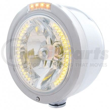 32449 by UNITED PACIFIC - Headlight - Half-Moon, RH/LH, 7", Round, Polished Housing, H4 Bulb, with Bullet Style Bezel, with 34 Bright Amber LED Position Light and 4 Amber LED Signal Light, Clear Lens