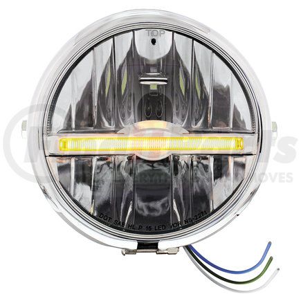 32797 by UNITED PACIFIC - Headlight - Chrome, Steel, 5-3/4" Round, for Motorcycle, 9 LED Bulb with Amber LED Light Bar, Side Mount, LH or RH