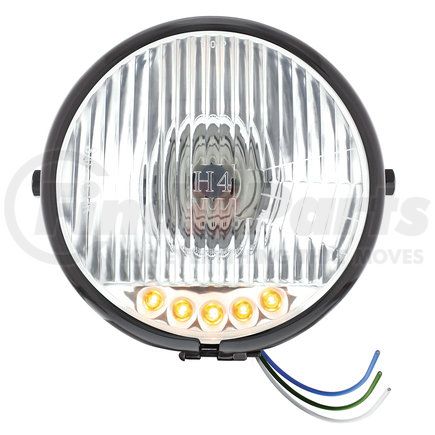 32790 by UNITED PACIFIC - Headlight - Motorcycle, RH/LH, 5-3/4", Round, Powdercoated Black Housing, High/Low Beam, H4 Bulb, with 5 Amber LED Auxiliary Light, Side-Mount