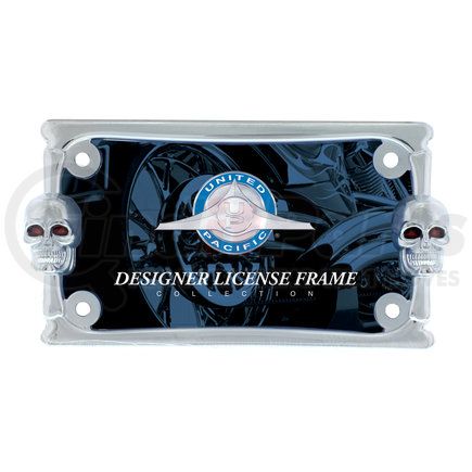 50075 by UNITED PACIFIC - License Plate Frame - Chrome, Two Skull Motorcycle