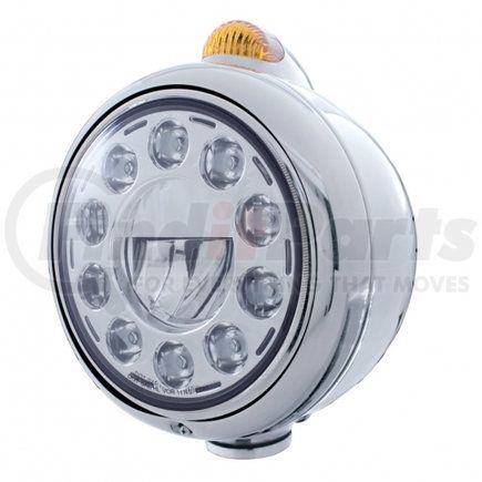 31562 by UNITED PACIFIC - Guide Headlight - 1 High Power, LED, 682-C Style, RH/LH, 7", Round, Polished Housing, with 5 LED Dual Mode Signal Light, with Amber Lens