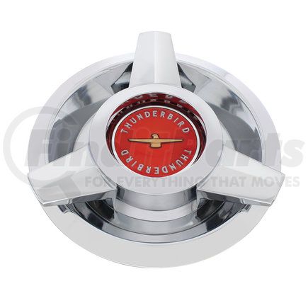 F626302 by UNITED PACIFIC - Axle Hub Cap - Chrome, with Red Center T-Bird, for 1962-1963 Ford T-Bird Wire Wheels