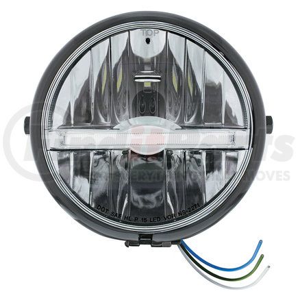 32802 by UNITED PACIFIC - Headlight - Motorcycle, 9 LED, RH/LH, 5-3/4", Round, Powdercoated Black Housing, with White LED Light Bar, Side Mount